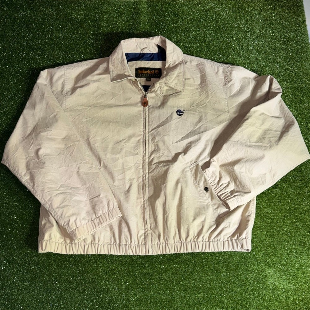 Timberland Weathergear Mens XL Tan Beige Full Zip Harrington Jacket Tree Logo